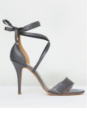 NIB Gray Satin Ankle Lace Up Stiletto Frayed Open Toe Strap Stiletto Heel